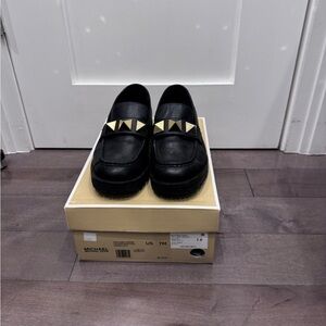Michael Kors Black Leather Loafers with Gold Pyramid Accents